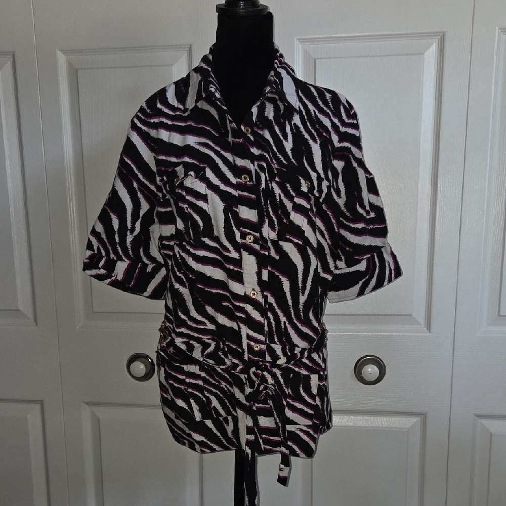 Jaclyn Smith Black, White and Purple Zebra Print Button Down Shirt